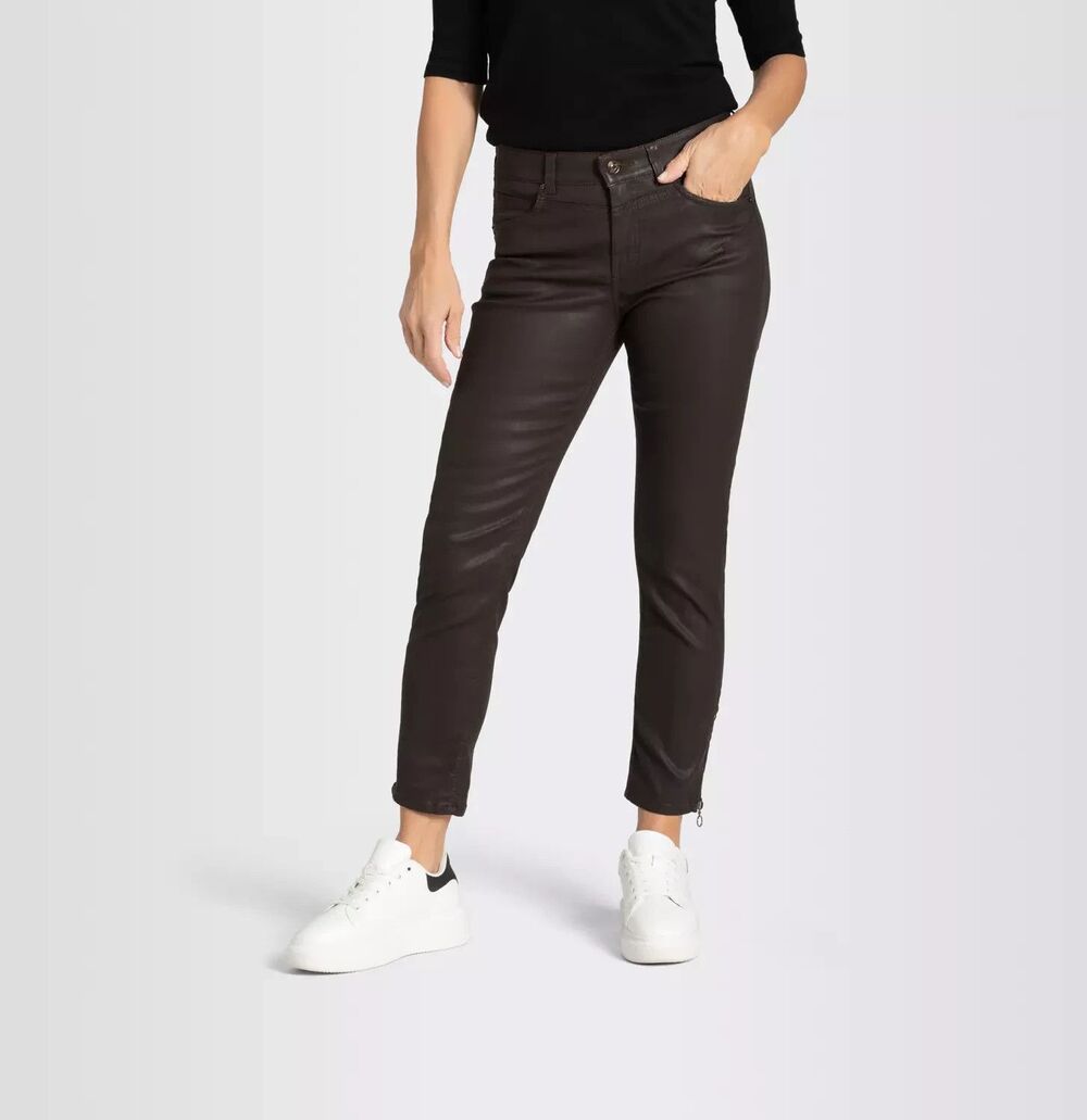 MAC RICH Brown Rich Slim Fit Mid Rise Waxed Coated Jeans Zip Ankle SIZE 36